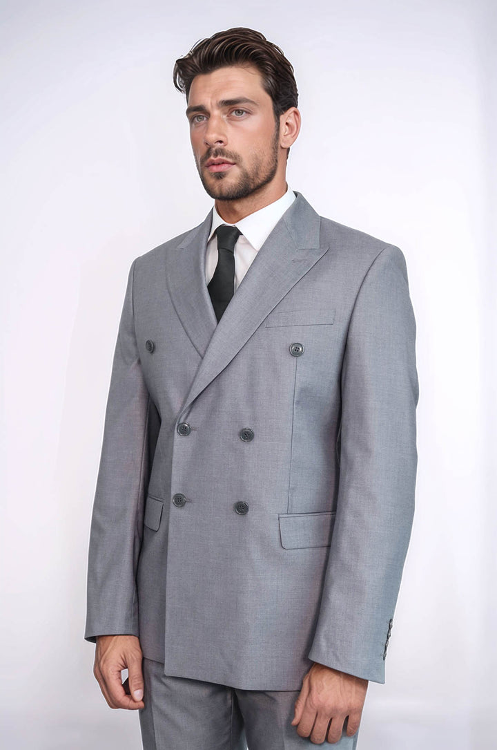 Traje Cruzado Hombre Gris Slim Fit A Rayas Con Solapa De Pico Ancha - Wessi