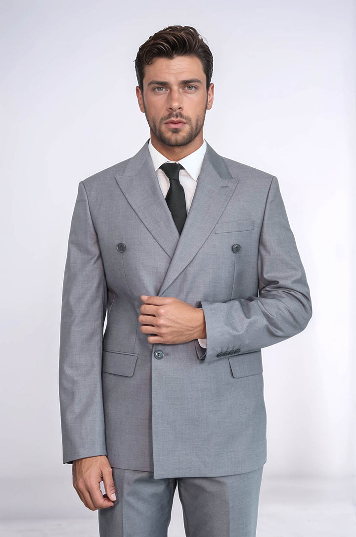Traje Cruzado Hombre Gris Slim Fit A Rayas Con Solapa De Pico Ancha - Wessi