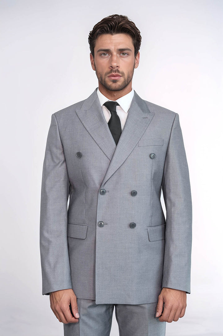 Traje Cruzado Hombre Gris Slim Fit A Rayas Con Solapa De Pico Ancha - Wessi