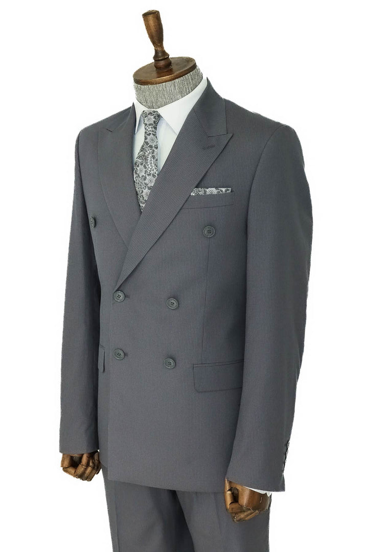 Wide Peak Lapel Striped Slim Fit Gray Men Double-Breasted Suit - Wessi