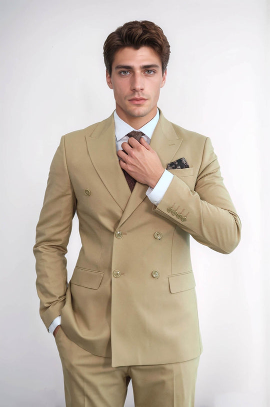 Wide Peak Collar Slim Fit Cream Men Double-Breasted Suit | Wessi Wessi - Discover Diversity Wide Peak Collar Slim Fit Cream Men Double-Breasted Suit | Wessi Wessi - Discover Diversity