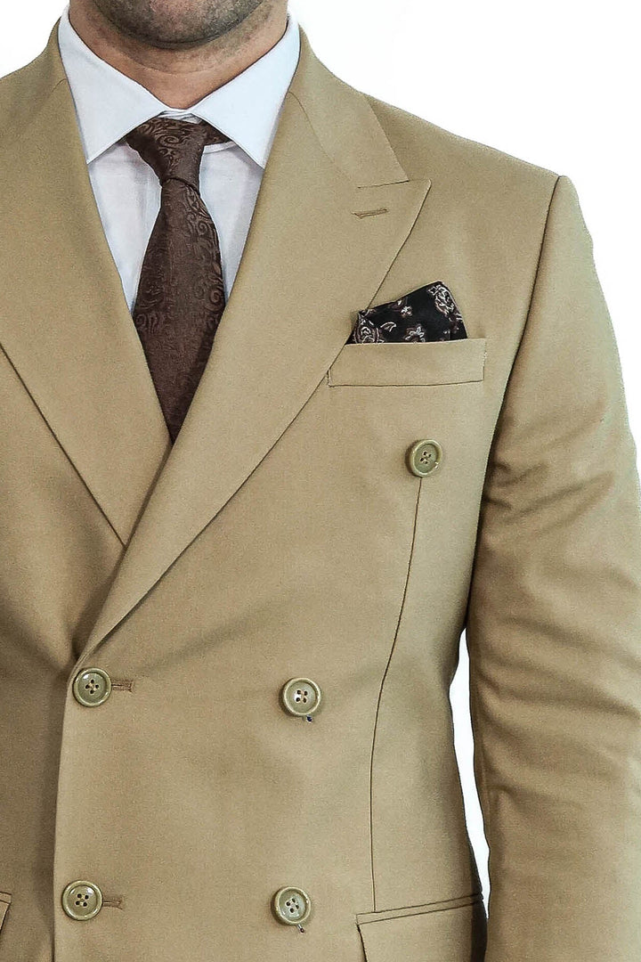 Wide Peak Collar Slim Fit Cream Men Double-Breasted Suit - Wessi