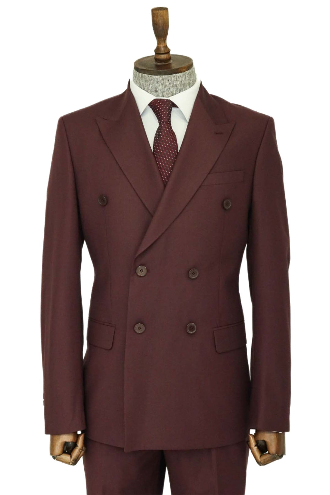 Wide Peak Collar Slim Fit Burgundy Men Double-Breasted Suit and Shirt Combination- Wessi