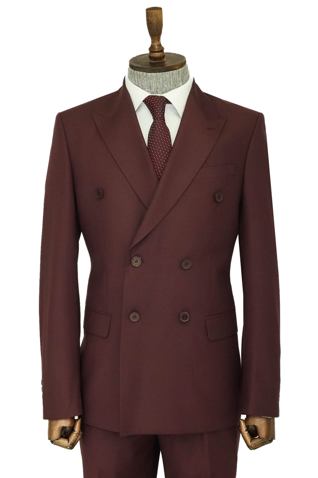 Wide Peak Collar Slim Fit Burgundy Men Double-Breasted Suit - Wessi