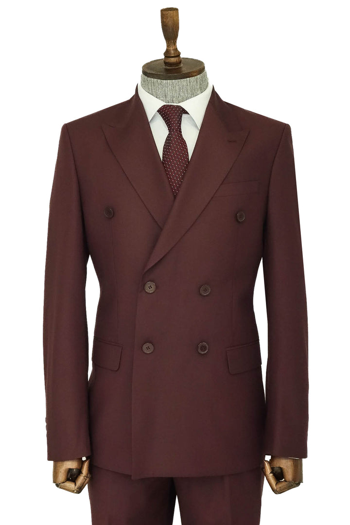Wide Peak Collar Slim Fit Burgundy Men Double-Breasted Suit - Wessi