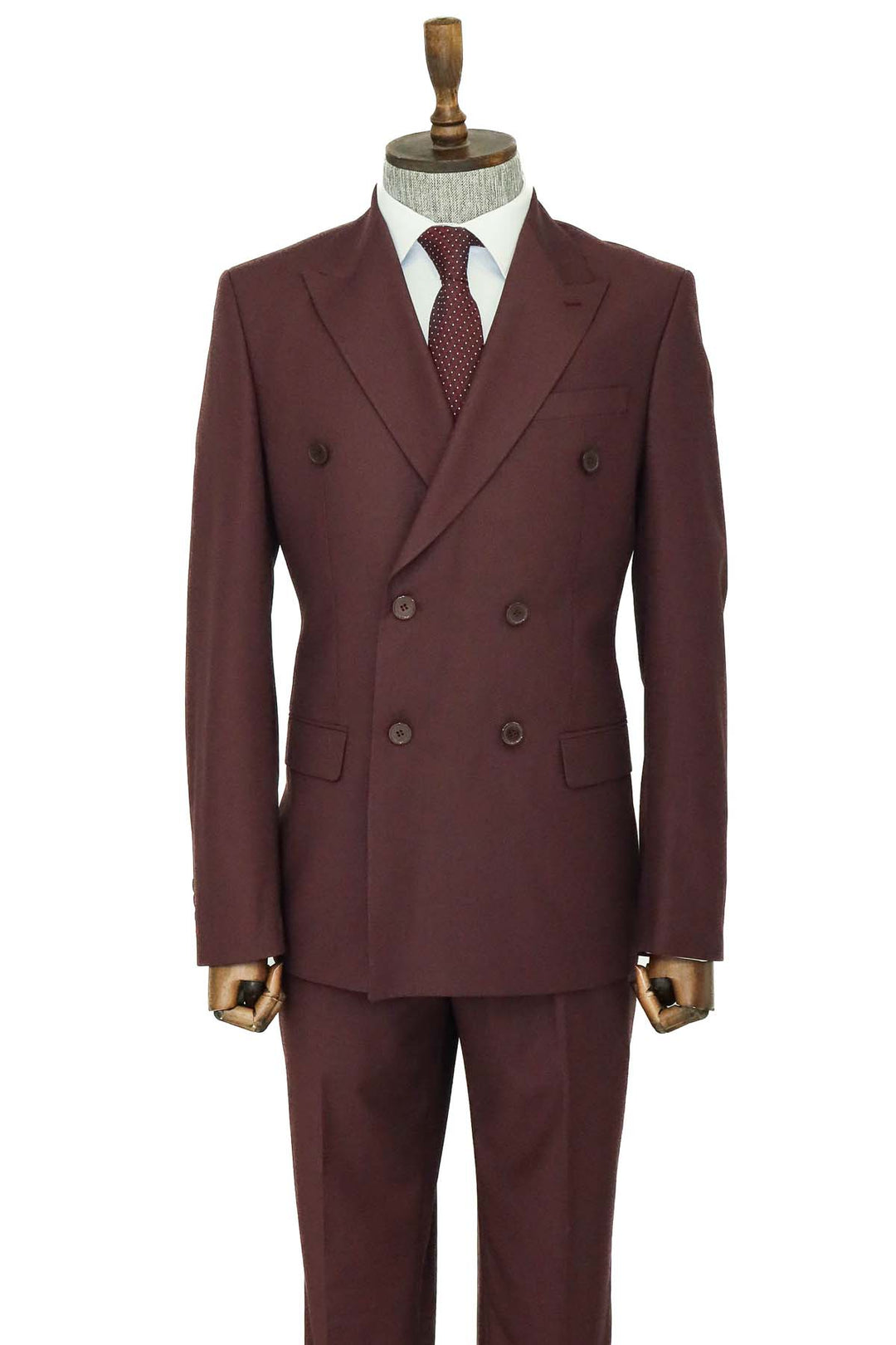 Wide Peak Collar Slim Fit Burgundy Men Double-Breasted Suit and Shirt Combination- Wessi