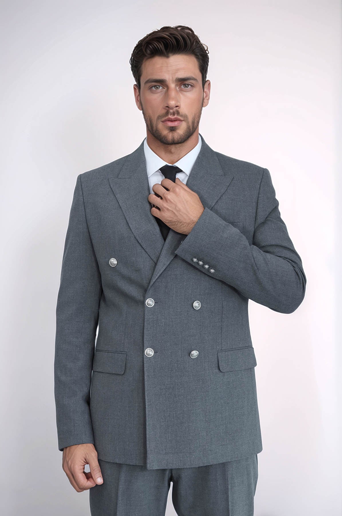 Slim Fit Double-Breasted Grey Men's Suit with Silver-Tone