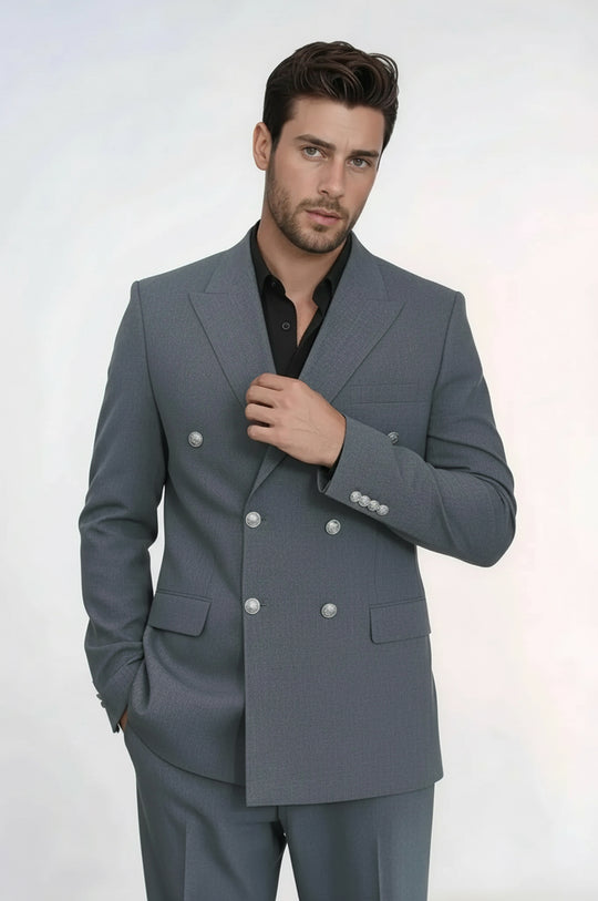 Grey Double-Breasted Suit with Black Shirt Evening Look – Wessi