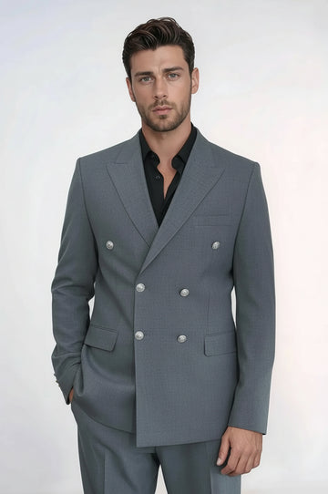 Grey Double-Breasted Suit with Black Shirt Evening Look – Wessi