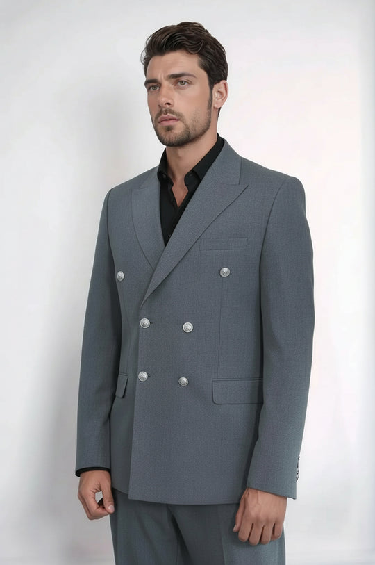 Grey Double-Breasted Suit with Black Shirt Evening Look – Wessi