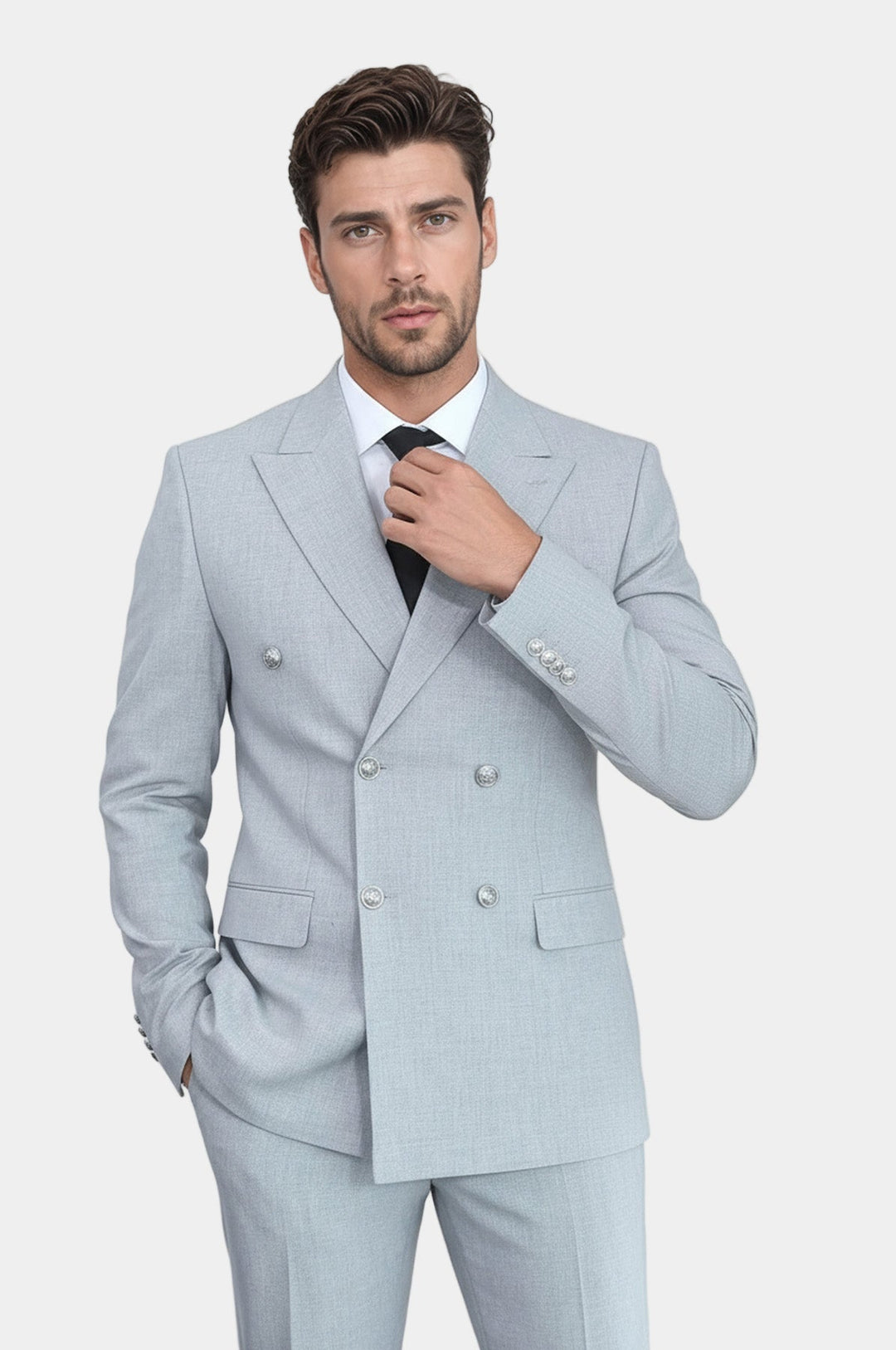 Slim Fit Double-Breasted Anthracite Men’s Suit with Silver-Tone Metal Buttons – Wessi