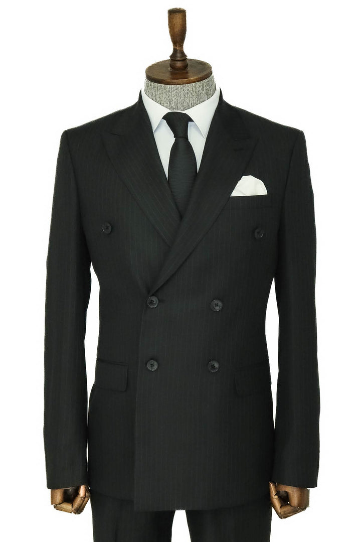 Striped Wide Collar Black Men Double-Breasted Suit - Wessi