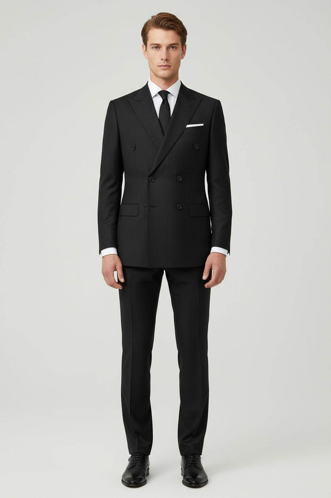 بدلة مخططة ذات ياقة واسعة للرجال باللون الأسود مزدوجة الصدر - ويسي