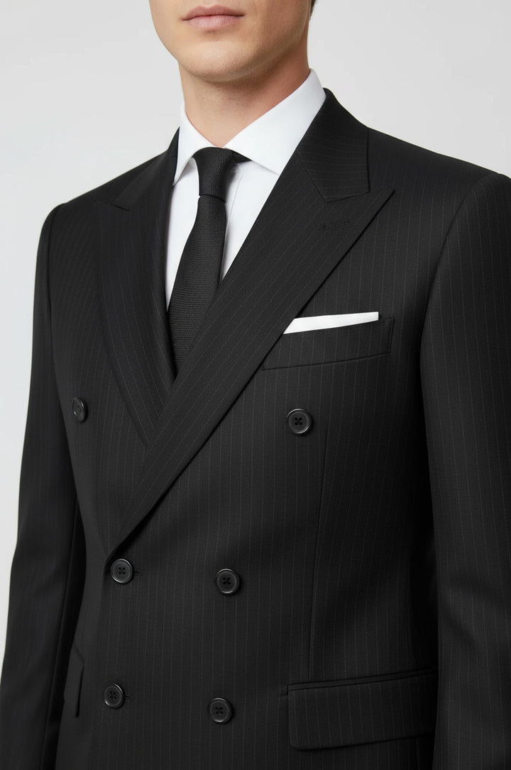 بدلة مخططة ذات ياقة واسعة للرجال باللون الأسود مزدوجة الصدر - ويسي