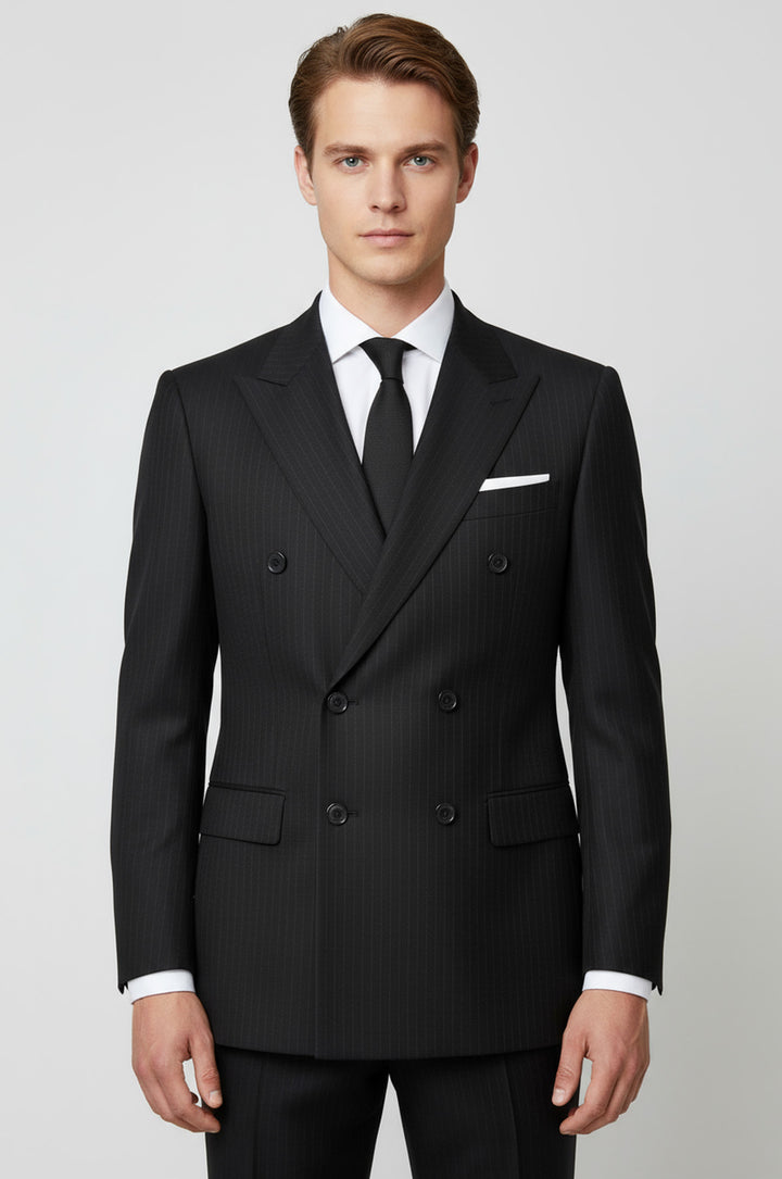 بدلة مخططة ذات ياقة واسعة للرجال باللون الأسود مزدوجة الصدر - ويسي