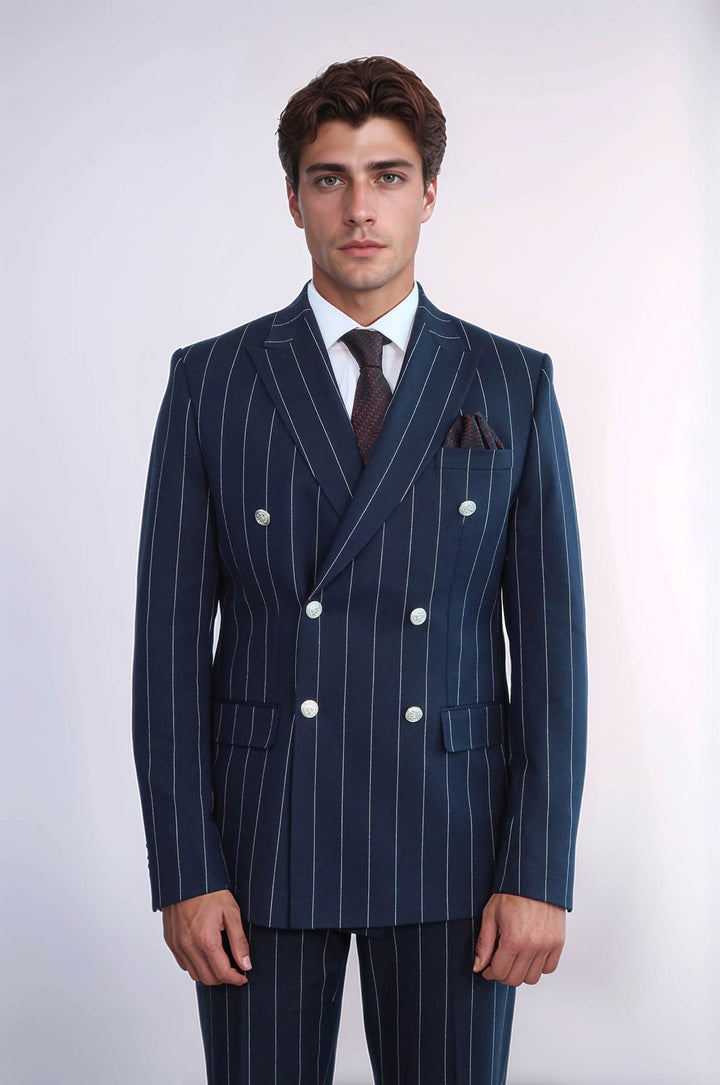 بدلة رجال مزدوجة الصدر بخطوط رفيعة باللون Navy Blue مع تفاصيل أزرار Silver - ويسي