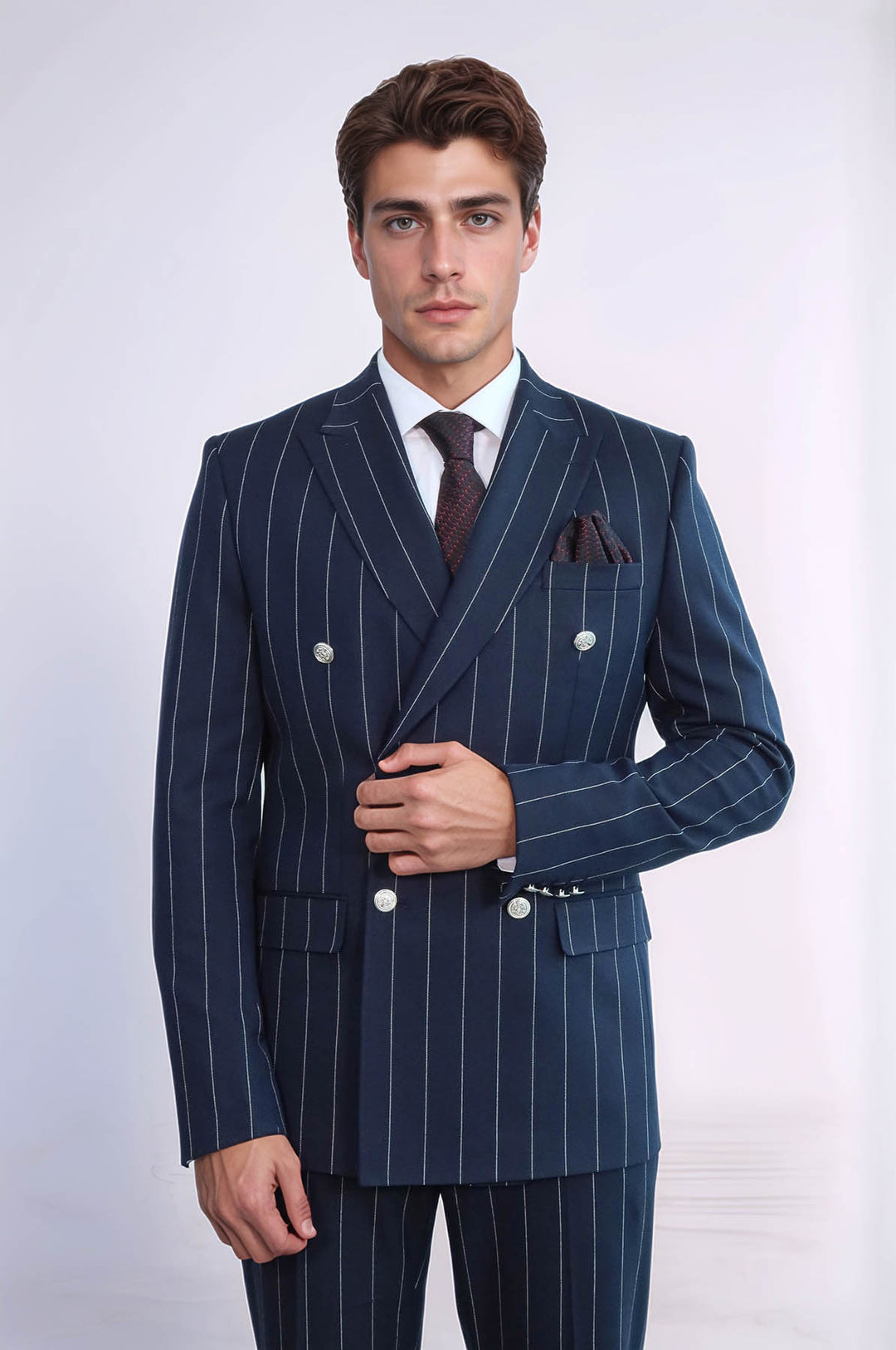 بدلة رجال مزدوجة الصدر بخطوط رفيعة باللون Navy Blue مع تفاصيل أزرار Silver - ويسي