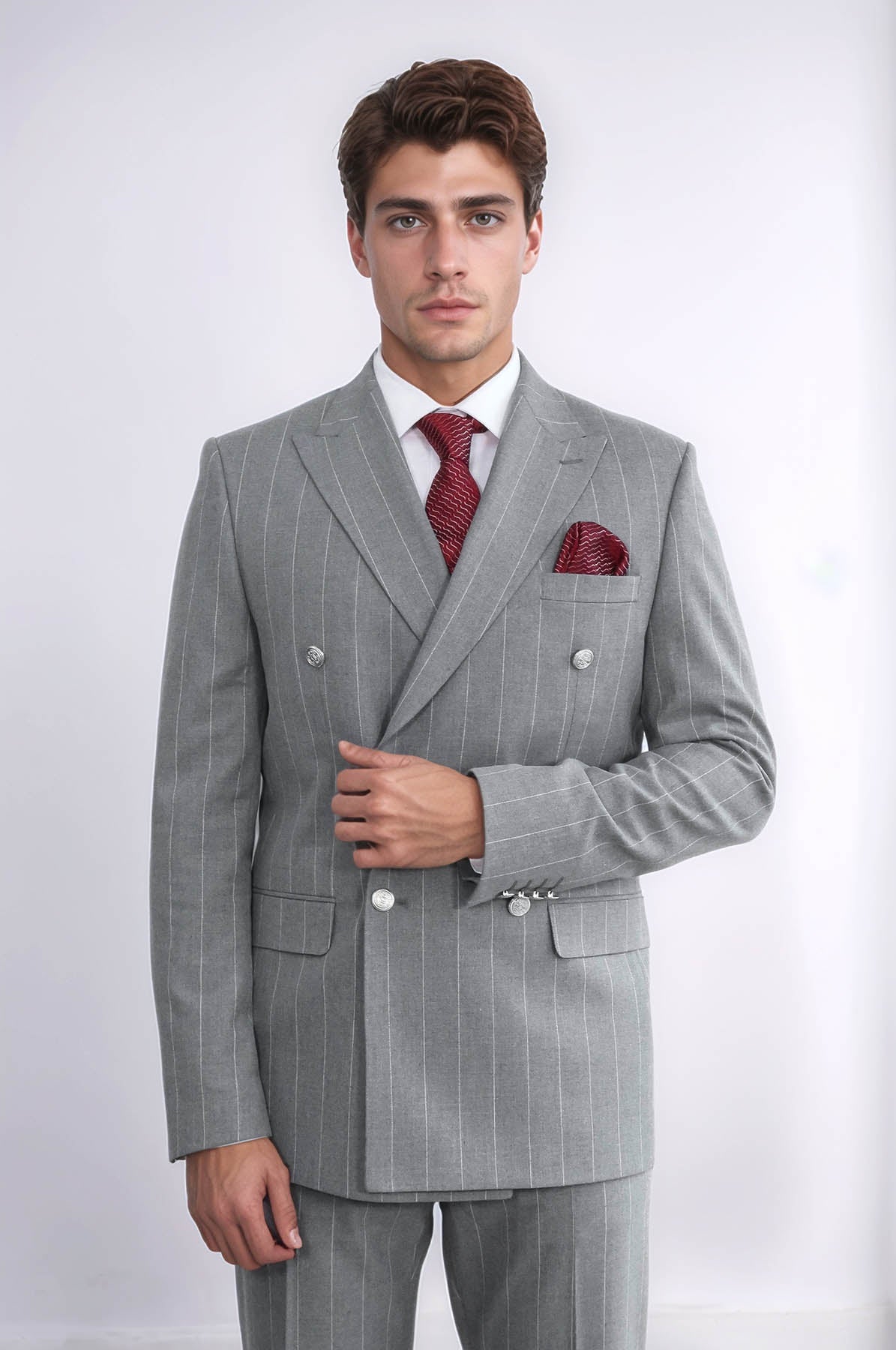 Pinstripe Double Breasted Men's Grey Suit with Silver Button