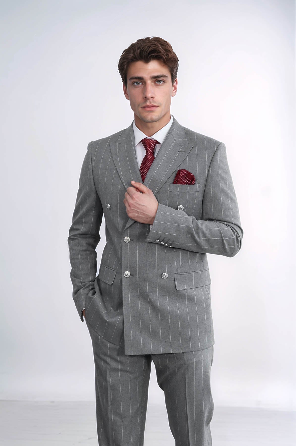 Pinstripe Double Breasted Men's Grey Suit with Silver Button