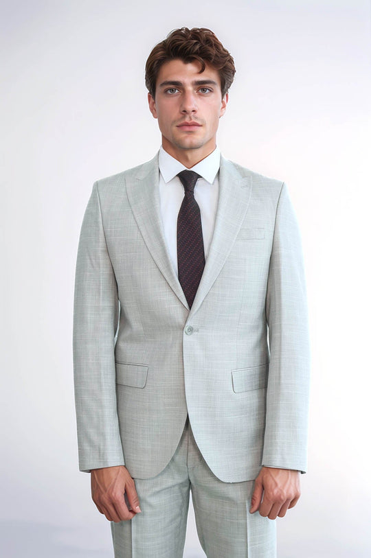 Two Piece Slim Fit Single Button Light Grey Men Suit - Wessi