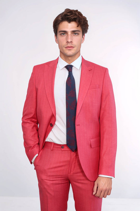 Two Piece Slim Fit Single Button Coral Red Men Suit - Wessi