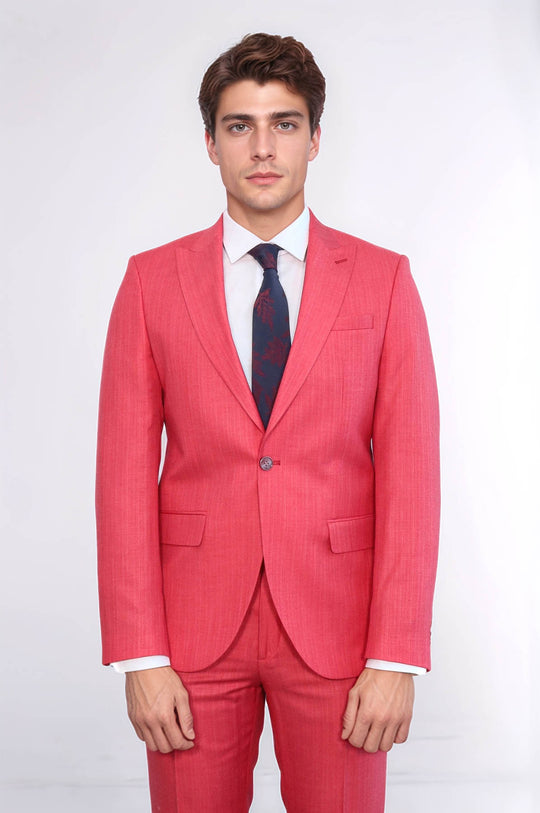 Two Piece Slim Fit Single Button Coral Red Men Suit - Wessi