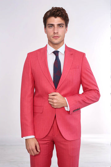 Two Piece Slim Fit Single Button Coral Red Men Suit - Wessi