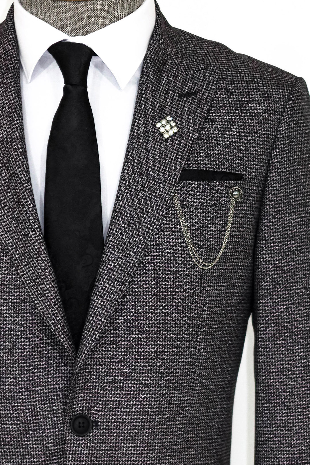 Men's Houndstooth Tweed 3-Piece Suit - Grey & Blue Plaid Vintage Slim Fit Formal Wear