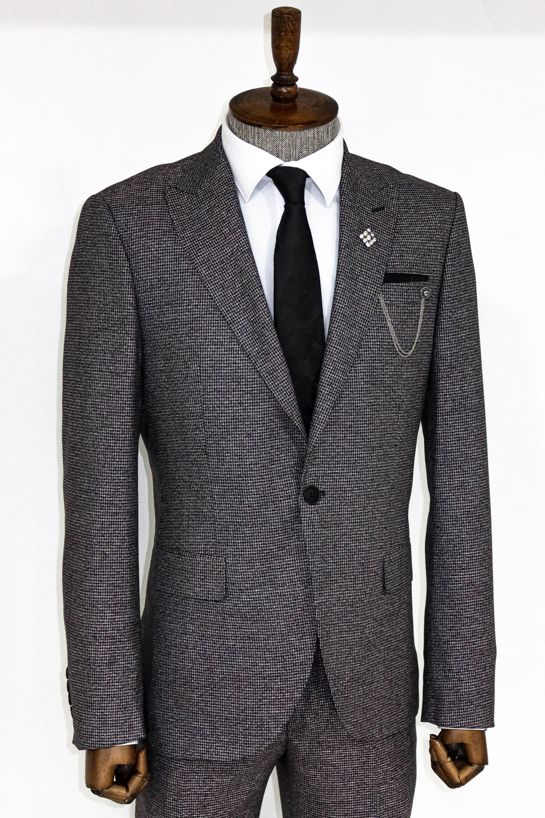Traje de hombre gris slim fit de 2 piezas con estampado pata de gallo - Wessi