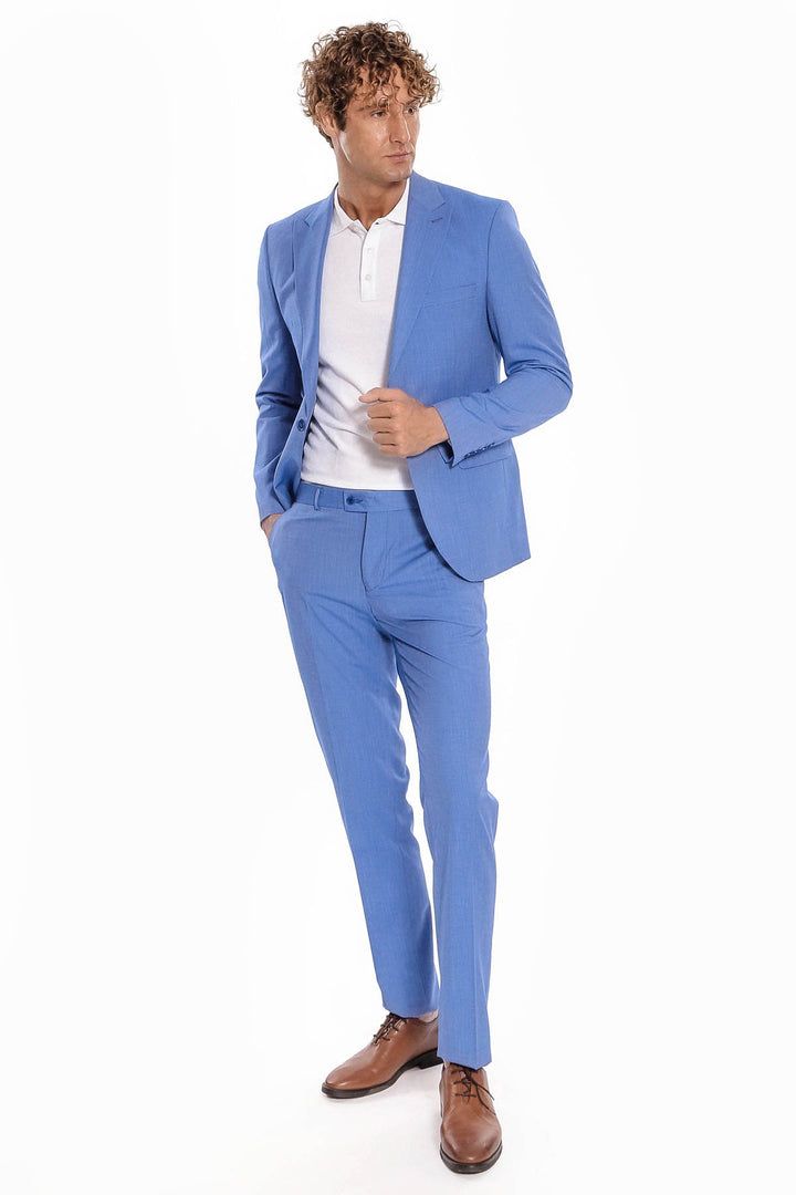 Patterned 2 Piece Slim Fit Light Blue Men Suit - Wessi