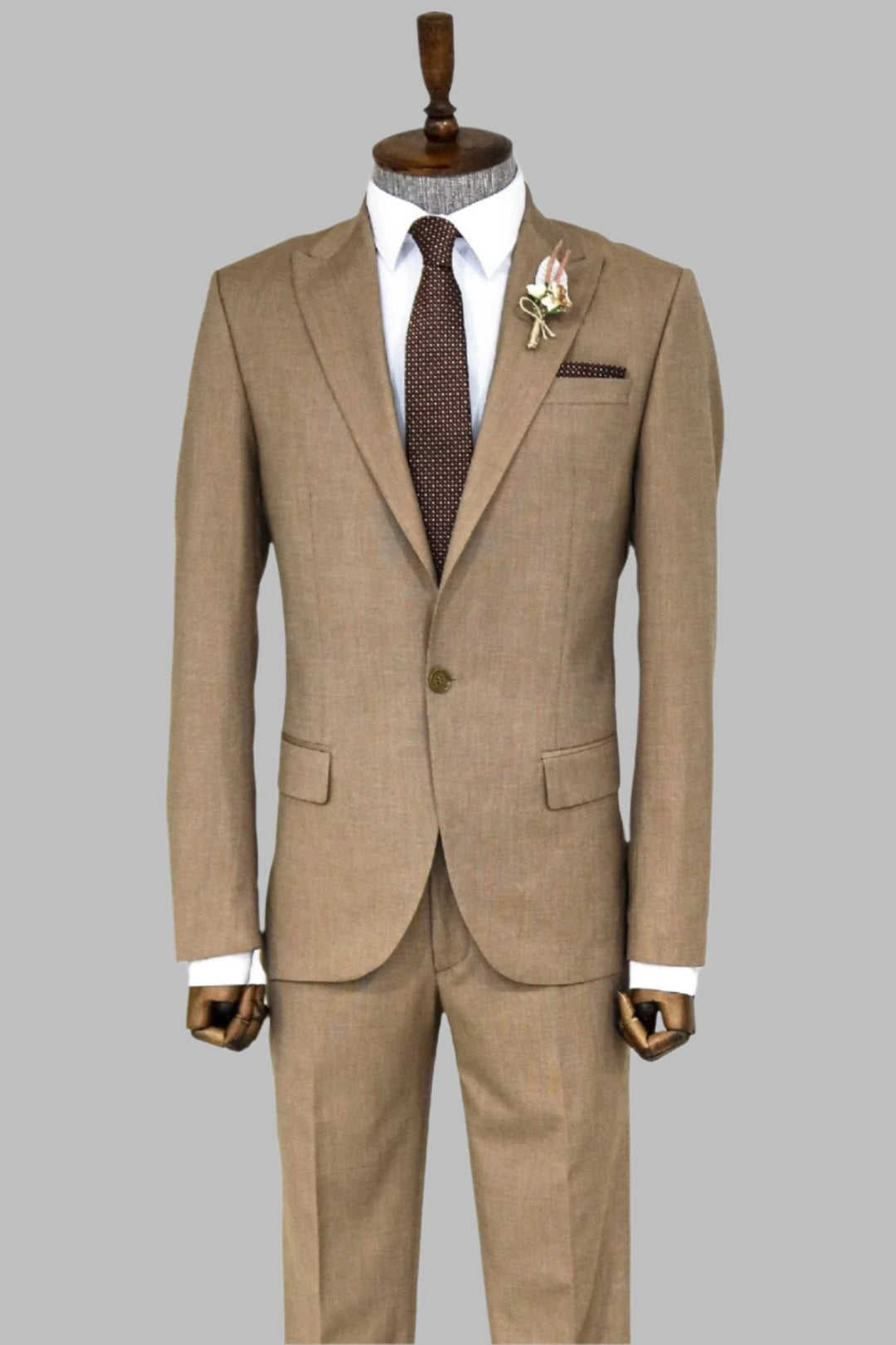 2 Piece Patterned Slim Fit Dark Beige Men Suit - Wessi