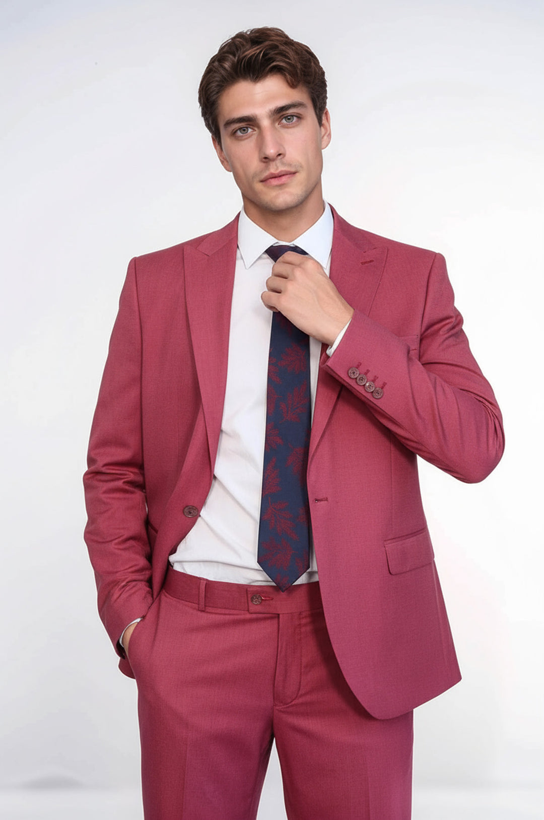 2 Piece Patterned Slim Fit Magenta Men Suit - Wessi