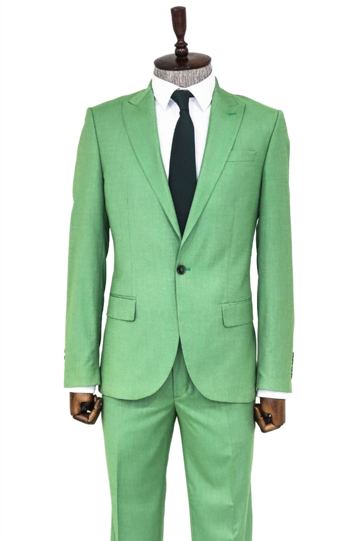 2 Piece Patterned Slim Fit Green Men Suit - Wessi