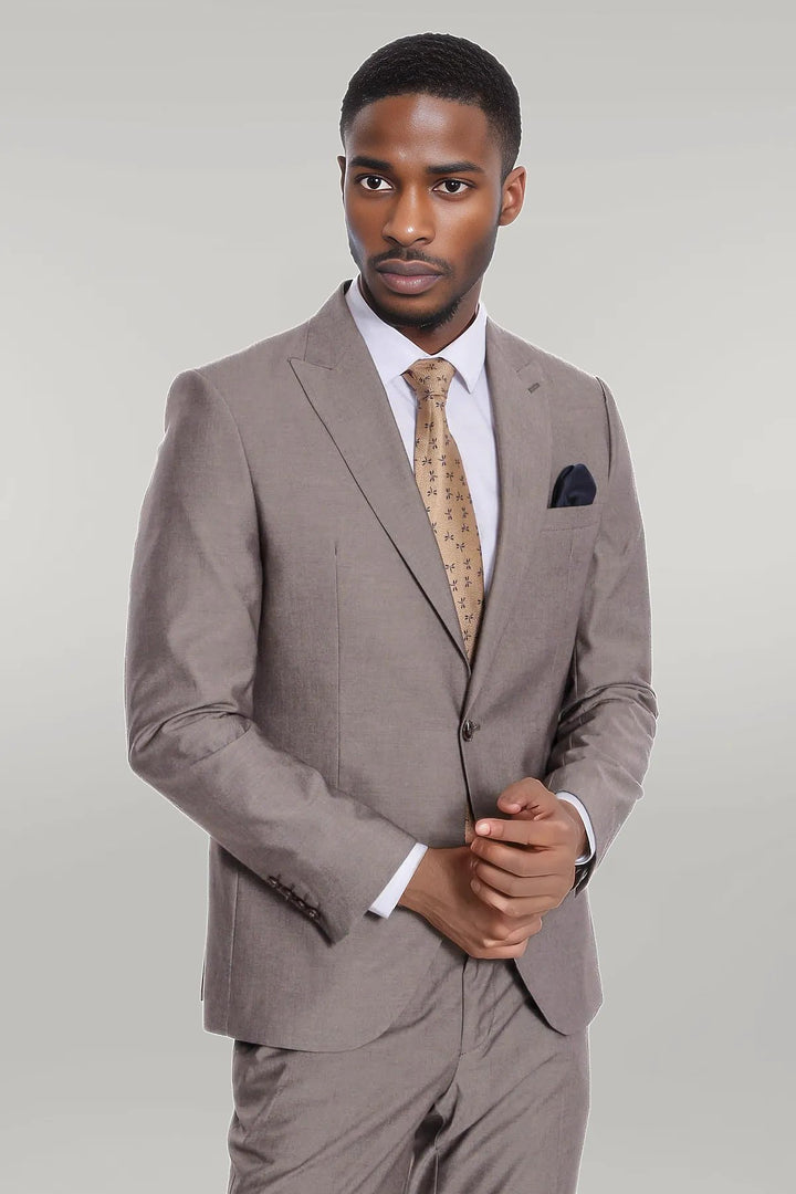 Plain 2 Piece Slim Fit Light Brown Men Suit - Wessi