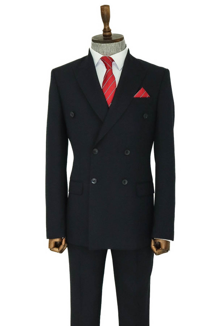 Wide Peak Lapel Patterned Double Breasted Black Men Suit  - Wessi