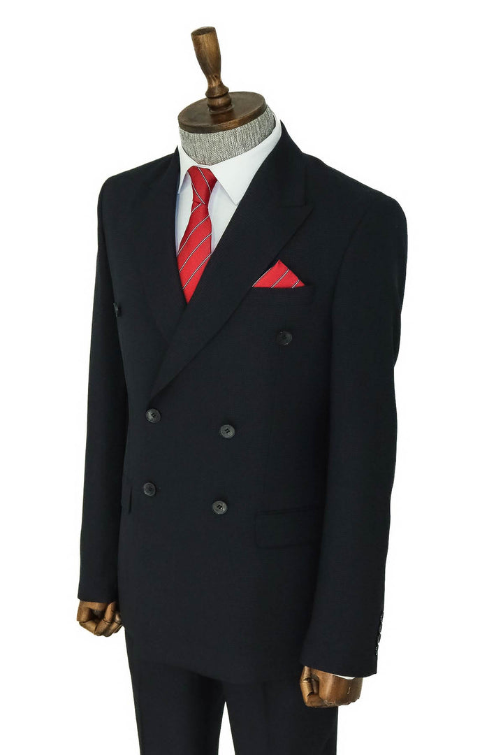 Wide Peak Lapel Patterned Double Breasted Black Men Suit  - Wessi