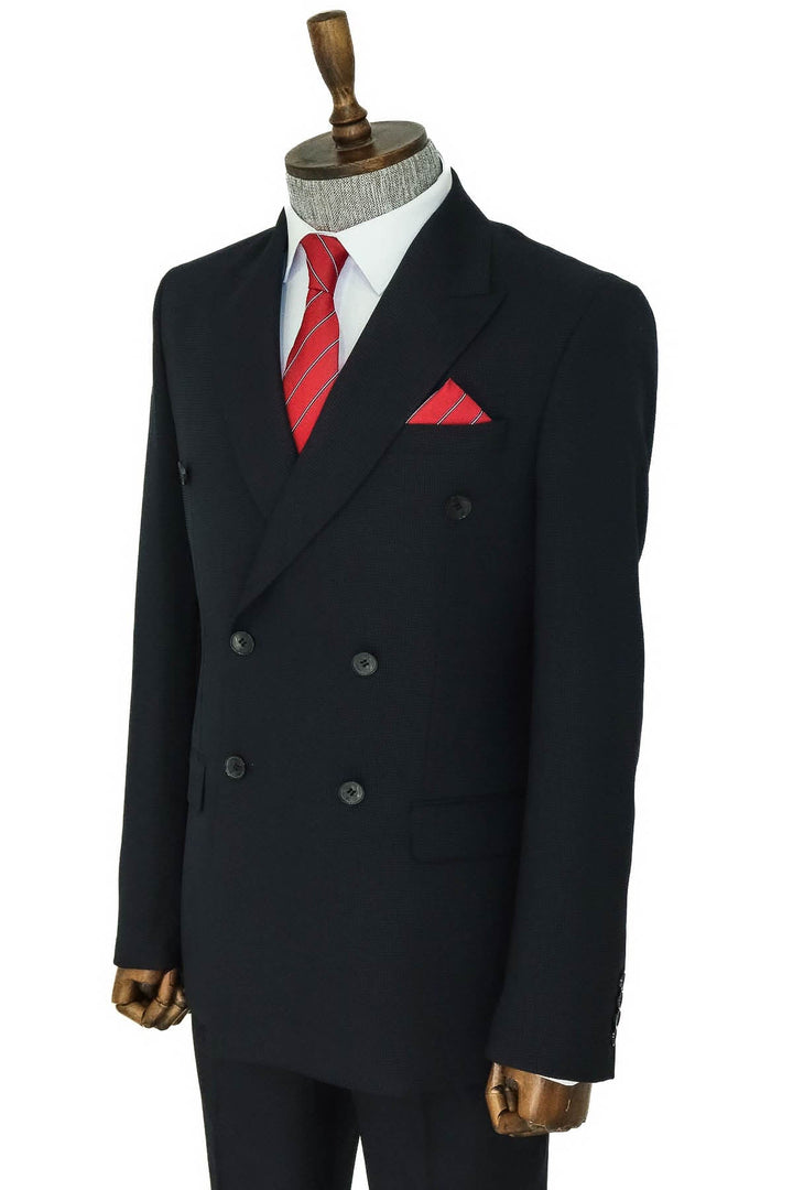 Wide Peak Lapel Patterned Double Breasted Black Men Suit  - Wessi