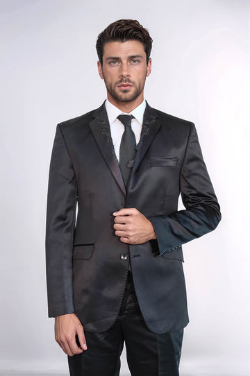 Two Piece Two Buttons Modeled Lapel Satin Black Men Groom Suit