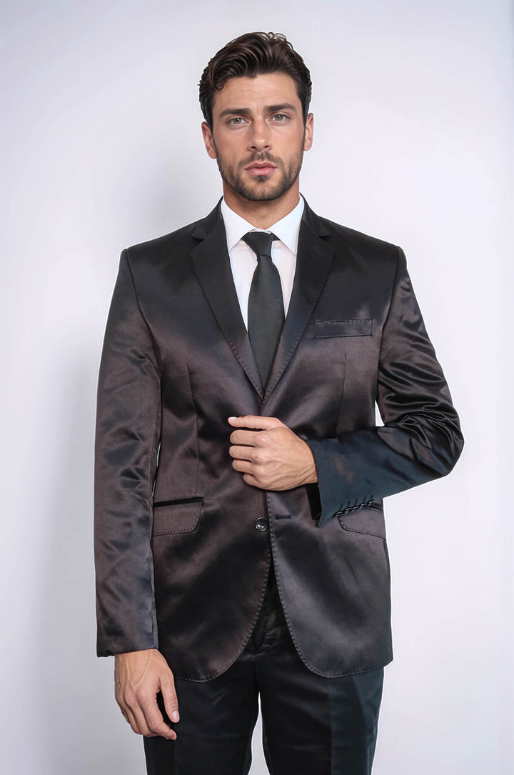 Costume de marié deux pièces à deux boutons en satin noir pour hommes