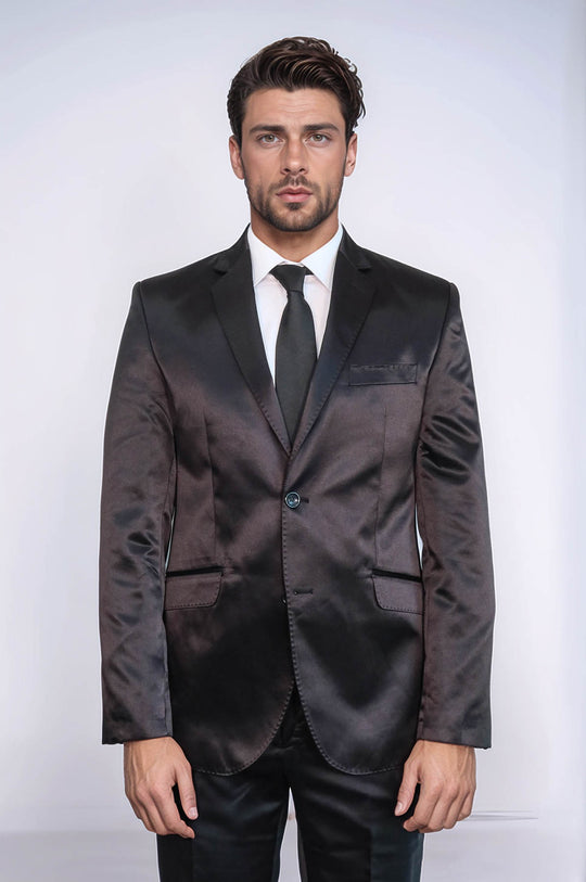 Two Piece Two Buttons Modeled Lapel Satin Black Men Groom Suit