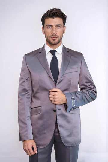 Two Piece Two Buttons Modeled Lapel Satin Grey Men Groom Suit