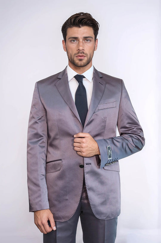 Two Piece Two Buttons Modeled Lapel Satin Grey Men Groom Suit
