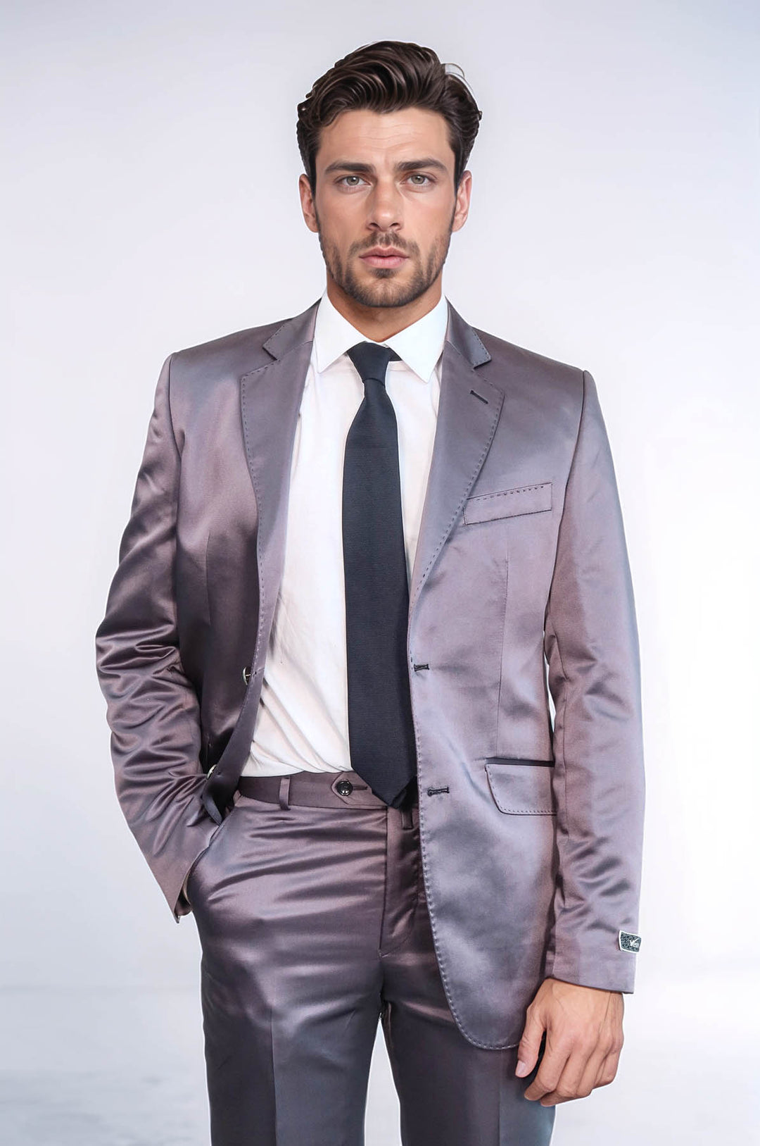 Costume de marié gris en satin pour hommes, deux pièces, deux boutons, revers modelé