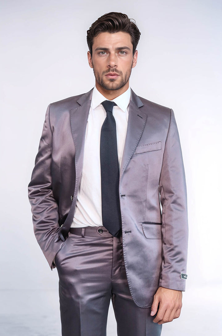 Costume de marié gris en satin pour hommes, deux pièces, deux boutons, revers modelé