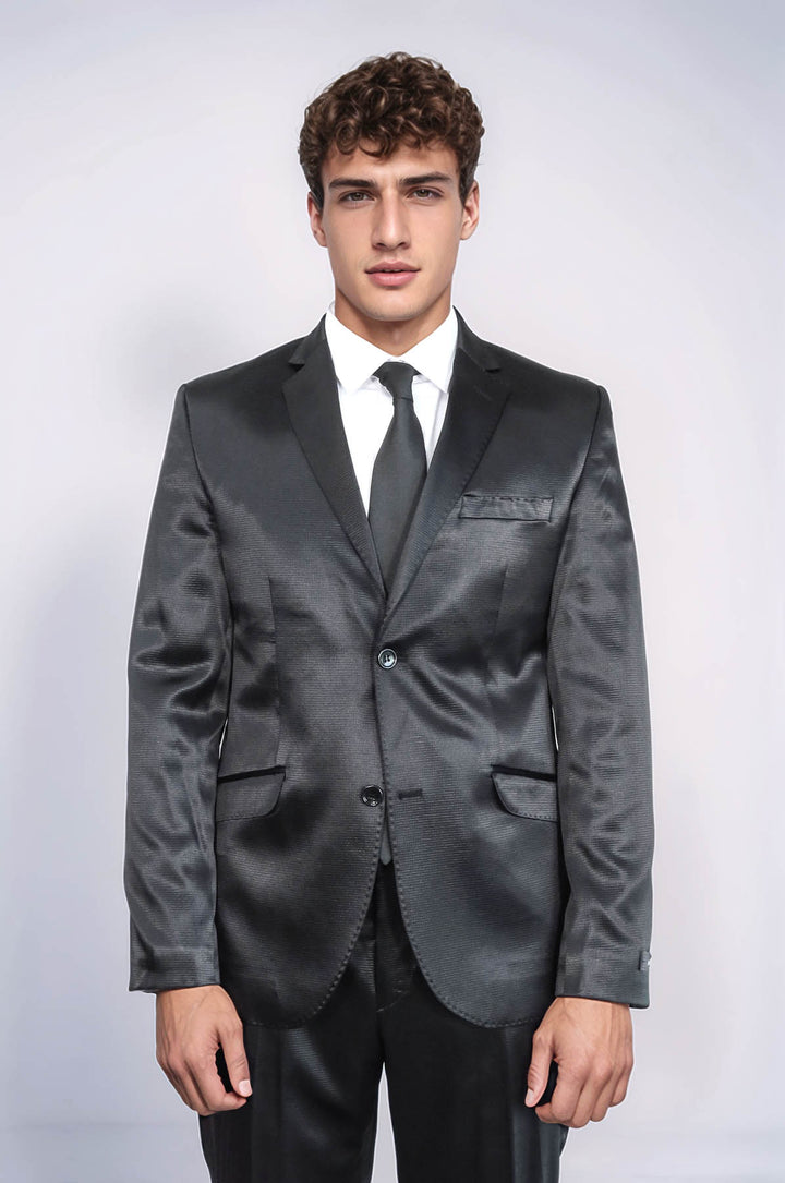 Costume deux pièces deux boutons à motifs en satin noir pour hommes