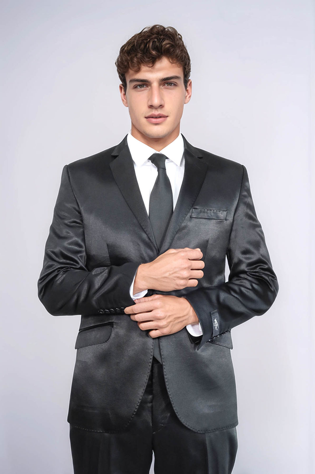 Costume deux pièces deux boutons à motifs en satin noir pour hommes