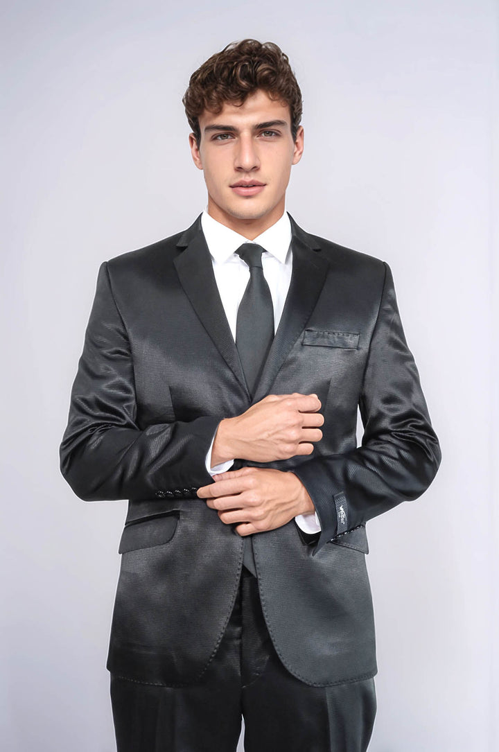 Costume deux pièces deux boutons à motifs en satin noir pour hommes
