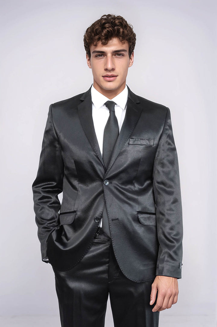 Costume deux pièces deux boutons à motifs en satin noir pour hommes