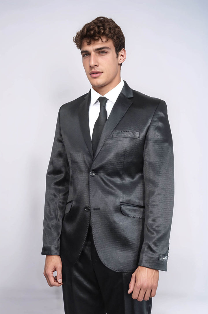 Costume deux pièces deux boutons à motifs en satin noir pour hommes