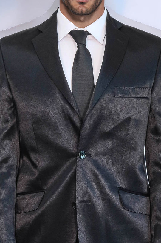 Abito da uomo nero in raso a due pezzi slim fit a due bottoni